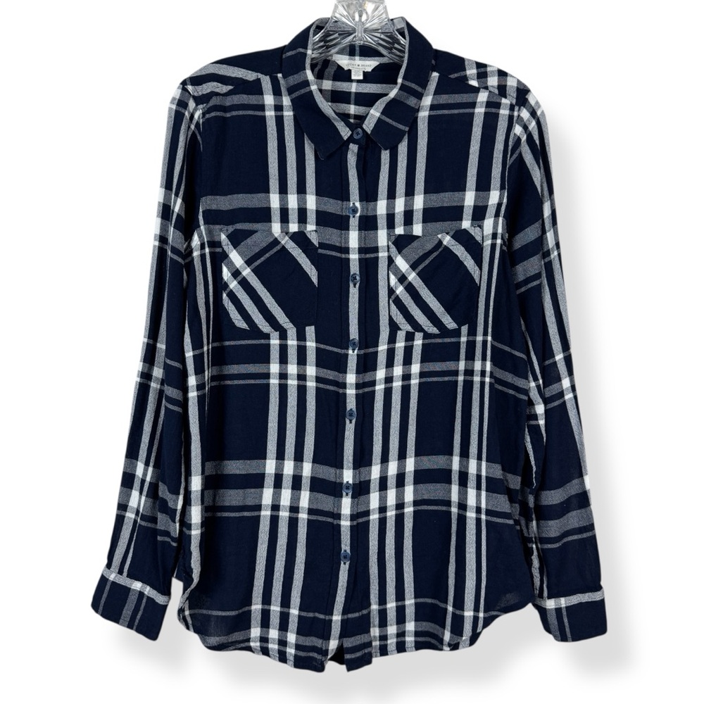 Lucky Brand Womens Navy Blue Plaid Button Up Boyfriend Shirt Size S Boho